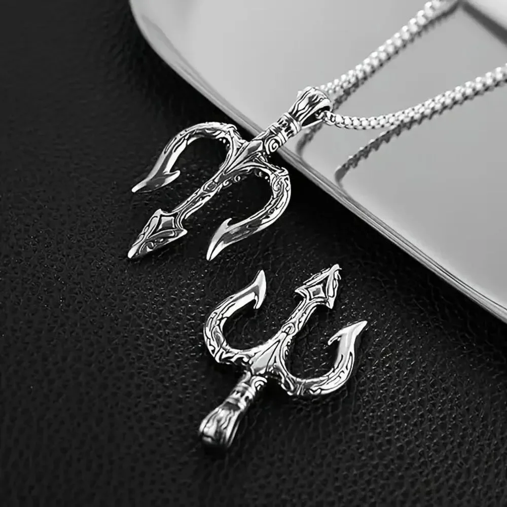 Men's Nordic Viking Amulet Poseidon Trident Stainless Steel Pendant Necklace